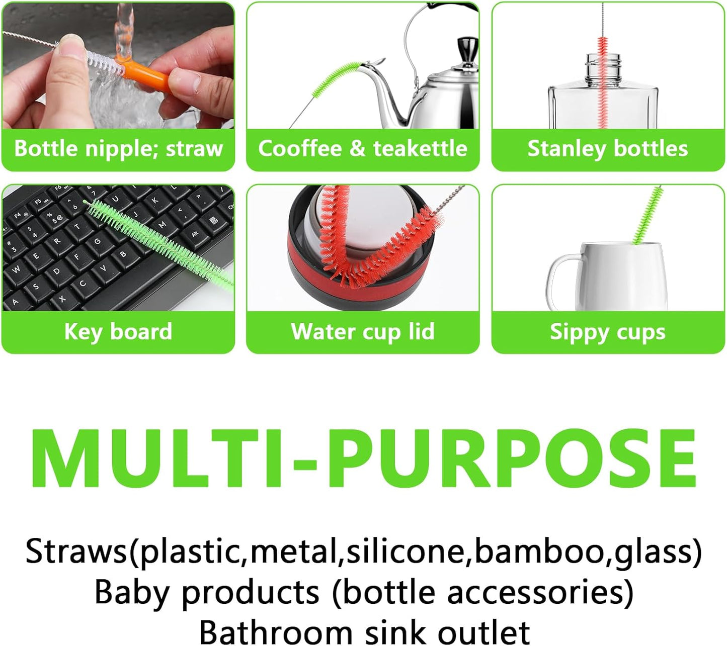 9Pcs Straw Cleaner Brush Set 12"10" 8.5"Long Bendable Reusable Cleaning Brushes with Soft Nylon Bristles for Metal, Silicone, Glass, Bamboo Straws, Tumblers, Sippy Cups, Water Bottles & Pipes (4-16mm)