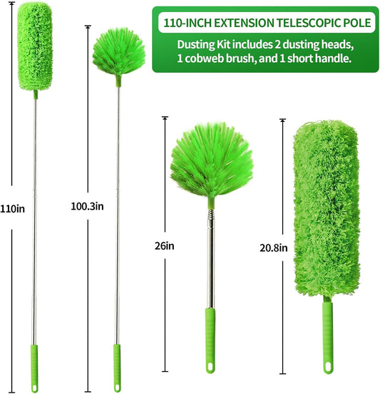 Cobweb Duster with Extension Pole, Washable Cleaning Duster Kit with 3 Duster Heads, Cobweb Duster, Corner Brush, Aluminum Telescoping Pole for high Ceiling Fan,Spider Web Brush with Extension Pole