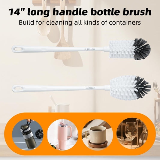 2 Pack 14 Inch Bottle Brush & 12 Inch Straw Brush Cleaner Set - Heavy Duty Kitchen Bottle Brushes for Cleaning Water Bottles, Mugs, Sippy Cups & Tumblers, Lab Use (Large)