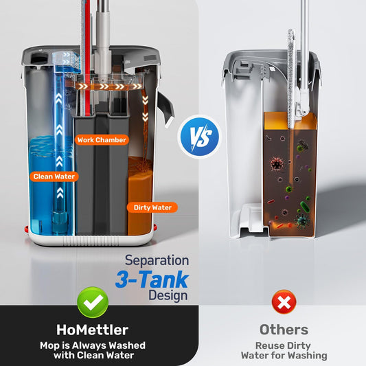 HoMettler Mop and Bucket Set, 3-Tank Flat Mop and Bucket System for Separate Dirty & Clean Water, 65" Mops for Floor Cleaning with 4 Washable Pads, Safe for Hardwood, Vinyl, Tile, Baseboards, Walls