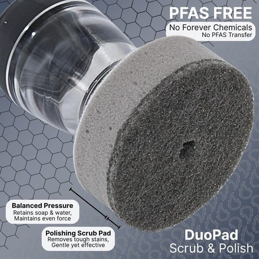 Stainless Steel & Hybrid Cookware Scrub & Polisher with Soap-Dispensing Handle, Dual-Layer DuoPad & Drydock Tray. Refillable, Ergonomic, Safe for All Hybrid and Stainless Steel cookware.