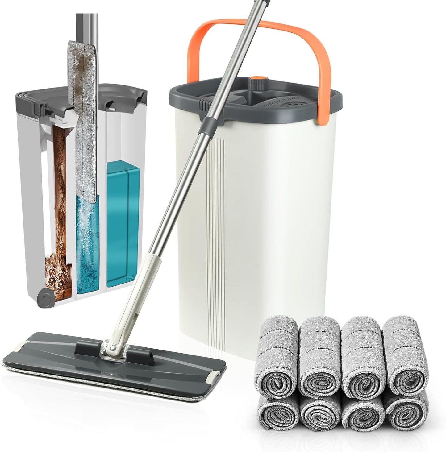 Jelymark Flat Mop and Bucket with Wringer Set, Separates Dirty and Clean Water, 3-Chamber Mop Wet and Dry Use, Not-Hands Squeeze Mops for Floor Cleaning, 4 Reusable Microfiber Mop Pads Included