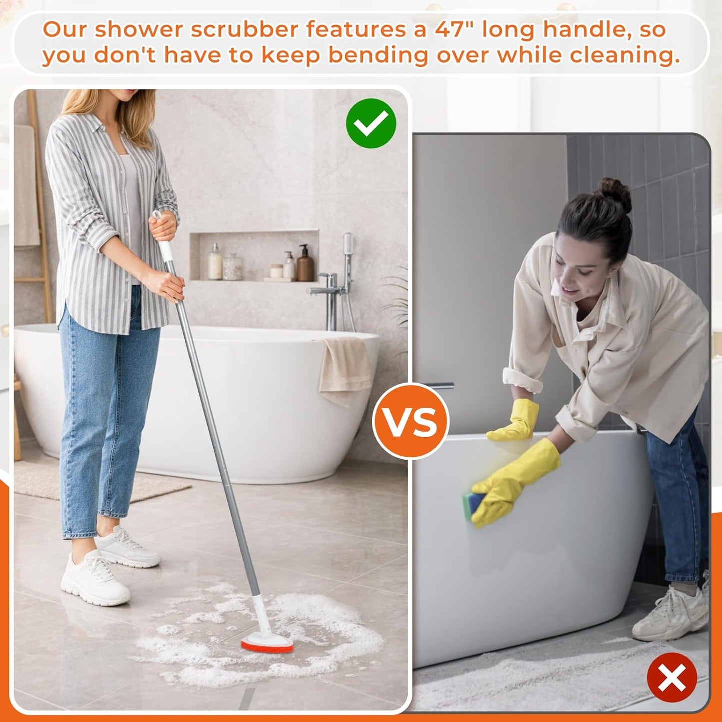 Bathtub Scrubber with Long Handle - Shower Scrub Brush with 8 Replacement Scouring Pads, Bathroom Cleaning Brush for Tub, Tile, Floor