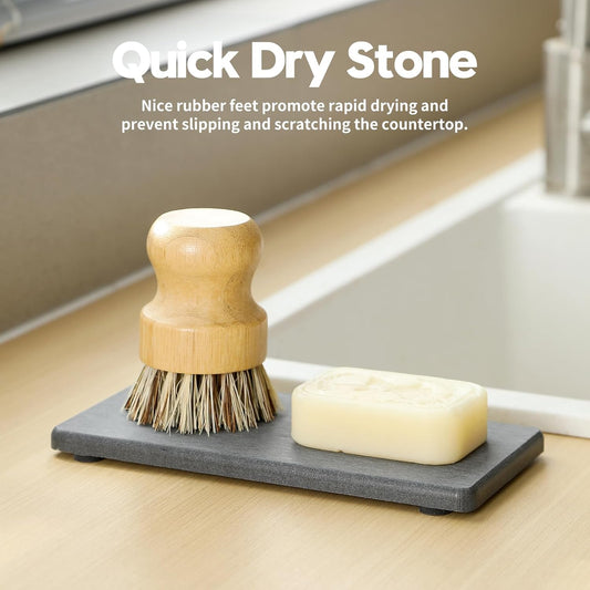2PCS Water Absorbing Stone Drying Tray for Kitchen Counter & Bathroom Sink, Diatomite Faucet Splash Guard, Soap Dispenser Rack & Sponge Holder Caddy Organizer, Marble White (Printed Pattern), 9"x 3.5"