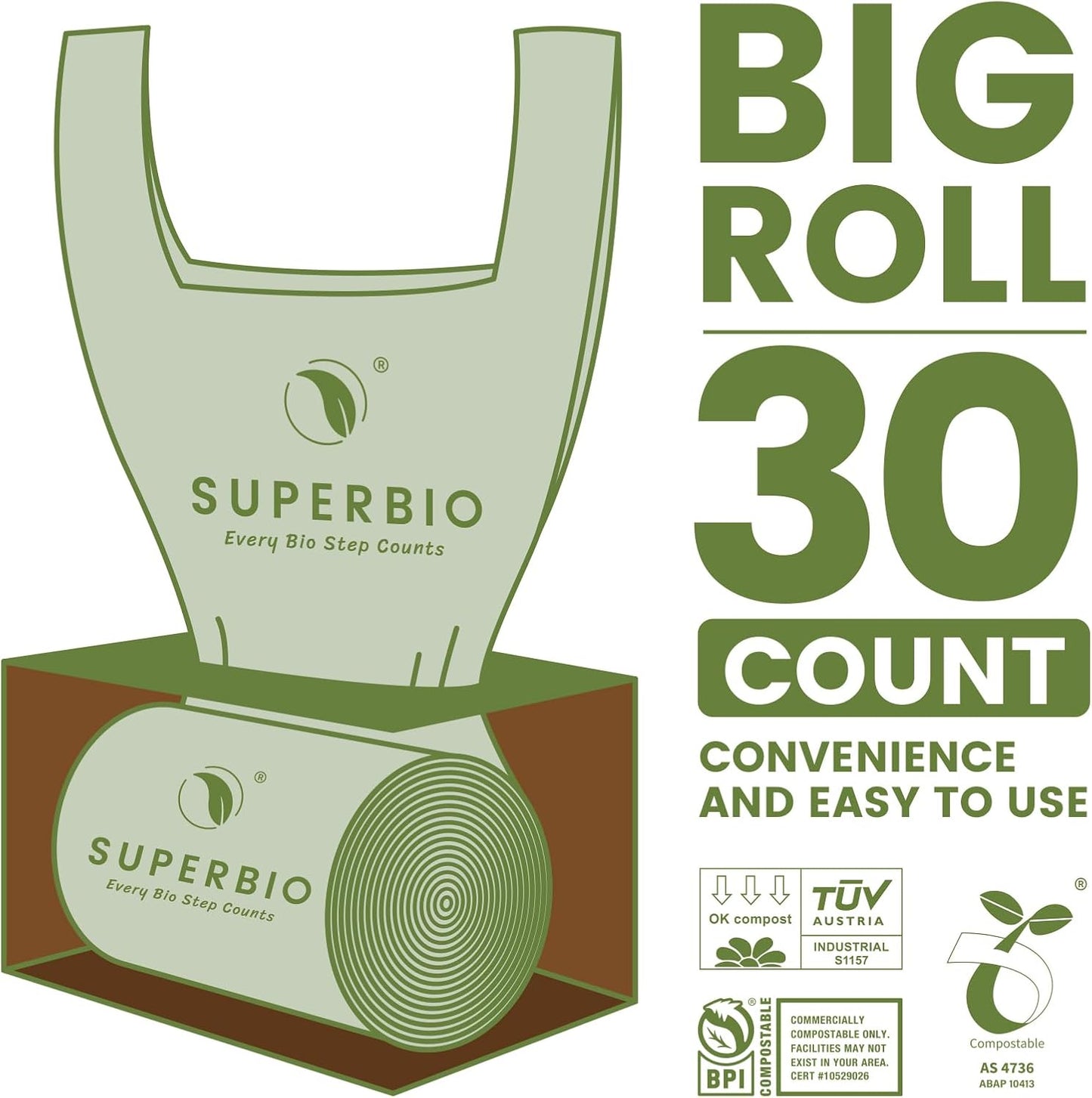 SUPERBIO 1.6 Gallon Handle Tie Compostable Food Scrap Bags For Counter Top Compost Bin, Small Compost Bags, 50 Count, 6 Liter, BPI & OK compost INDUSTRIAL Certified