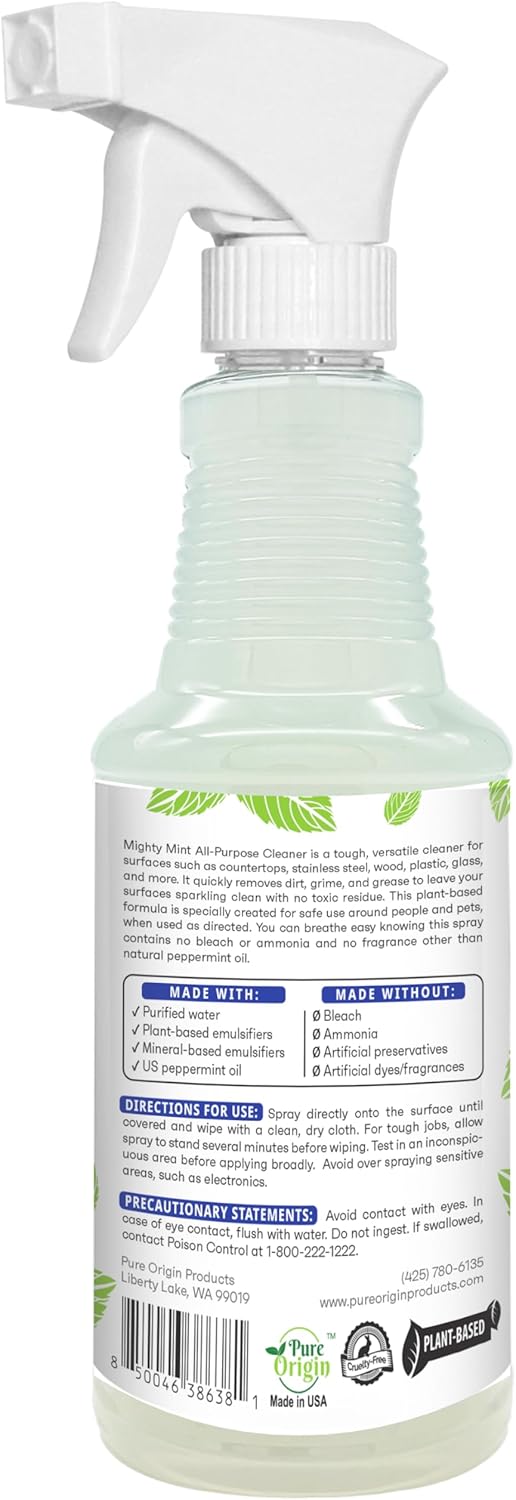 Mighty Mint All-Purpose Cleaner Spray – Plant-Based, Multi-Surface Cleaning for Kitchen, Bathroom & Home – Cuts Grease, Dirt & Grime - Peppermint Scent, 16 oz