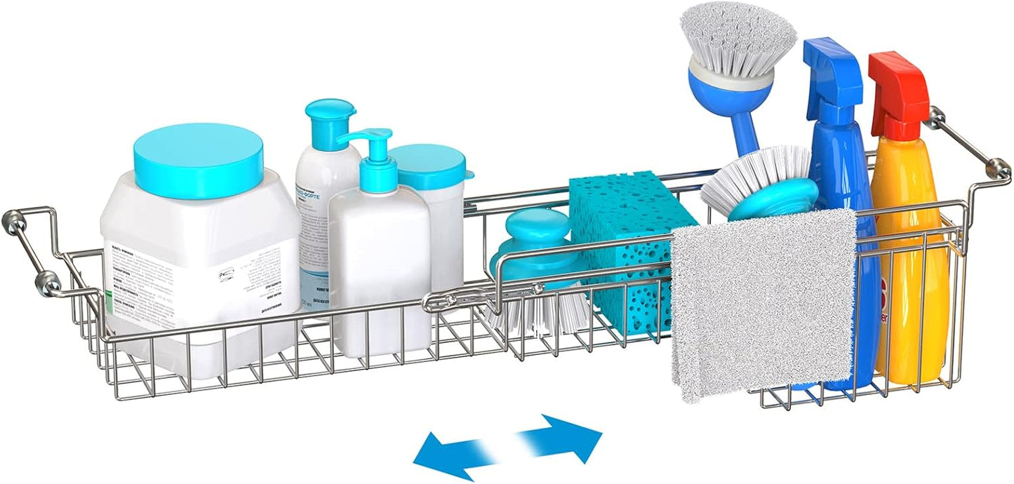 Dish Stands, Over The Kitchen Sink Caddy Sponge Holder Organizer Drying Rack Expandable for Sponge Brush Soap Dish Cloth Rag Smaller 12.25" to 17.25", Stainless Steel