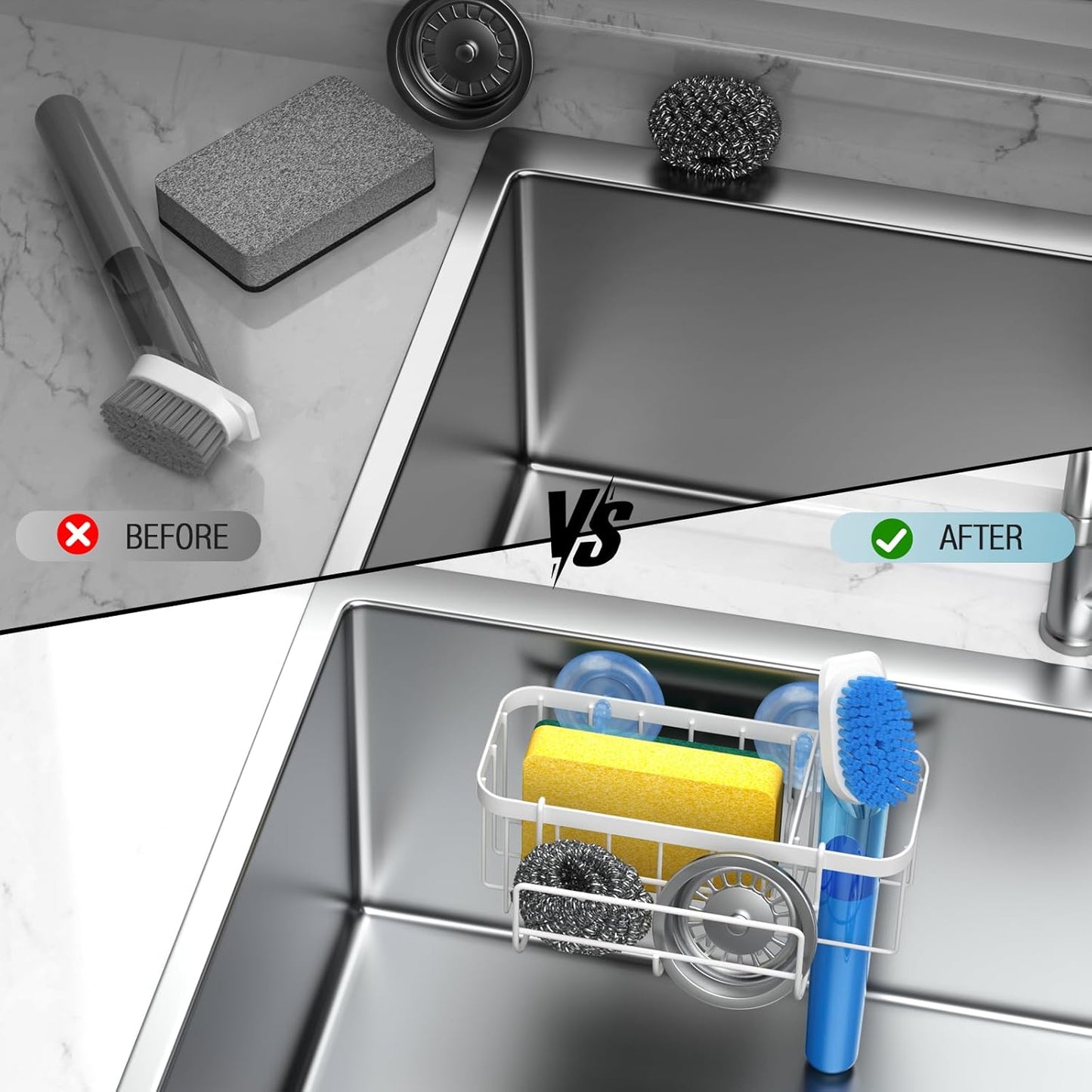 3-in-1 Kitchen Sink Caddy Organizer with Sponge Holder, Brush Holder, Extra Rack for Scrubber, Sink Stopper, Dish Cloth Hanger - Strong Dual Suction Cup, 2.0mm SUS304 Stainless Steel - Grey