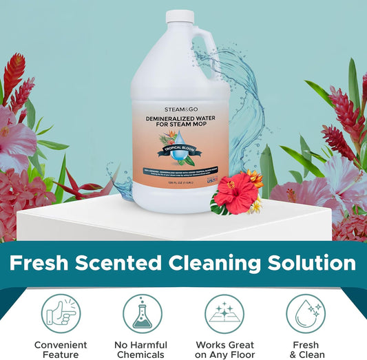 Steam & Go Demineralized Water for Steam Cleaner - PVC-Free Floor Cleaning Solution Compatible for All Steam Mops - Multi-Surface Cleaner for Home Surfaces - Tropical Bloom Scent, 32 oz