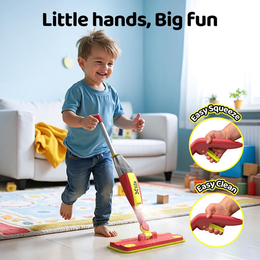 Xlife Kids Spray Mop Set - Montessori Toy for Ages 4-8 Real Water Sprayer & Sweeper Combo, Pretend Play Housekeeping Kit, Washable Pads (Red)