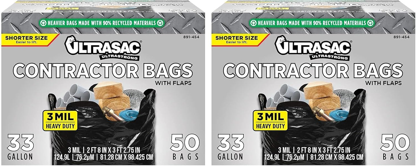 Ultrasac Contractor Trash Bags - (50 Pack/w Ties) - Heavy Duty 3 MIL Thick, 39" x 32", Shorter 33 Gallon Black Version - for Industrial, Commercial, Professional, Construction, Lawn, Leaf, and More