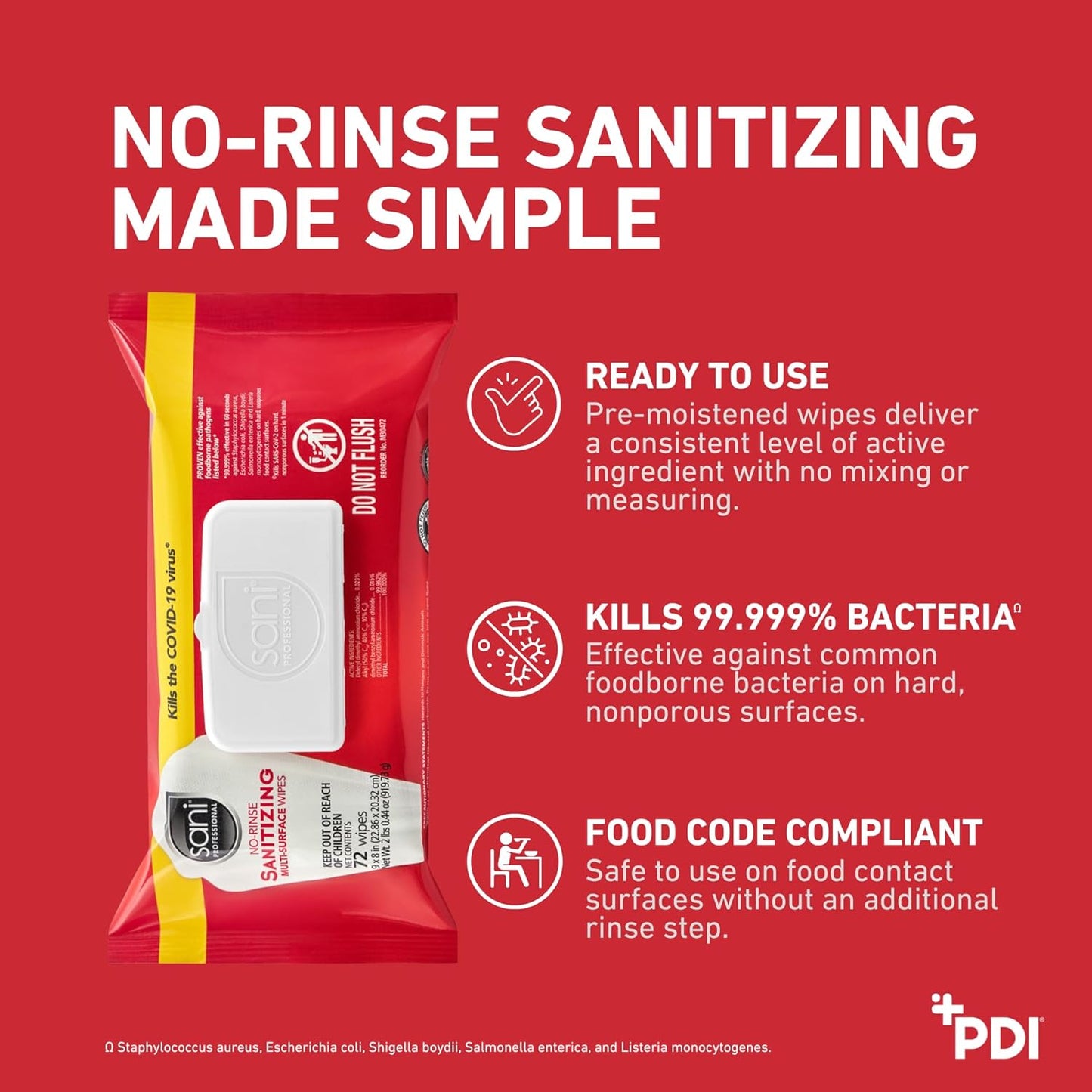 PDI Sani-Professional No-Rinse Sanitizing Multi-Surface Food Service Wipes Softpack, for Restaurants, Kitchen, and Home Use, Pack of 12, 72 Wipes Each, Large 9" x 8" Wipes
