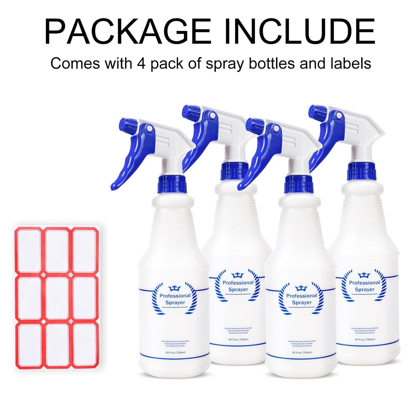Plastic Spray Bottle, Empty Spray Bottles (2 Pack 24 Oz), All-Purpose Sprayer for Cleaning Solutions, Hair Spray, Bleach, Planting, BBQ, Mist & Stream Water Spraying Bottle with Adjustable Nozzle