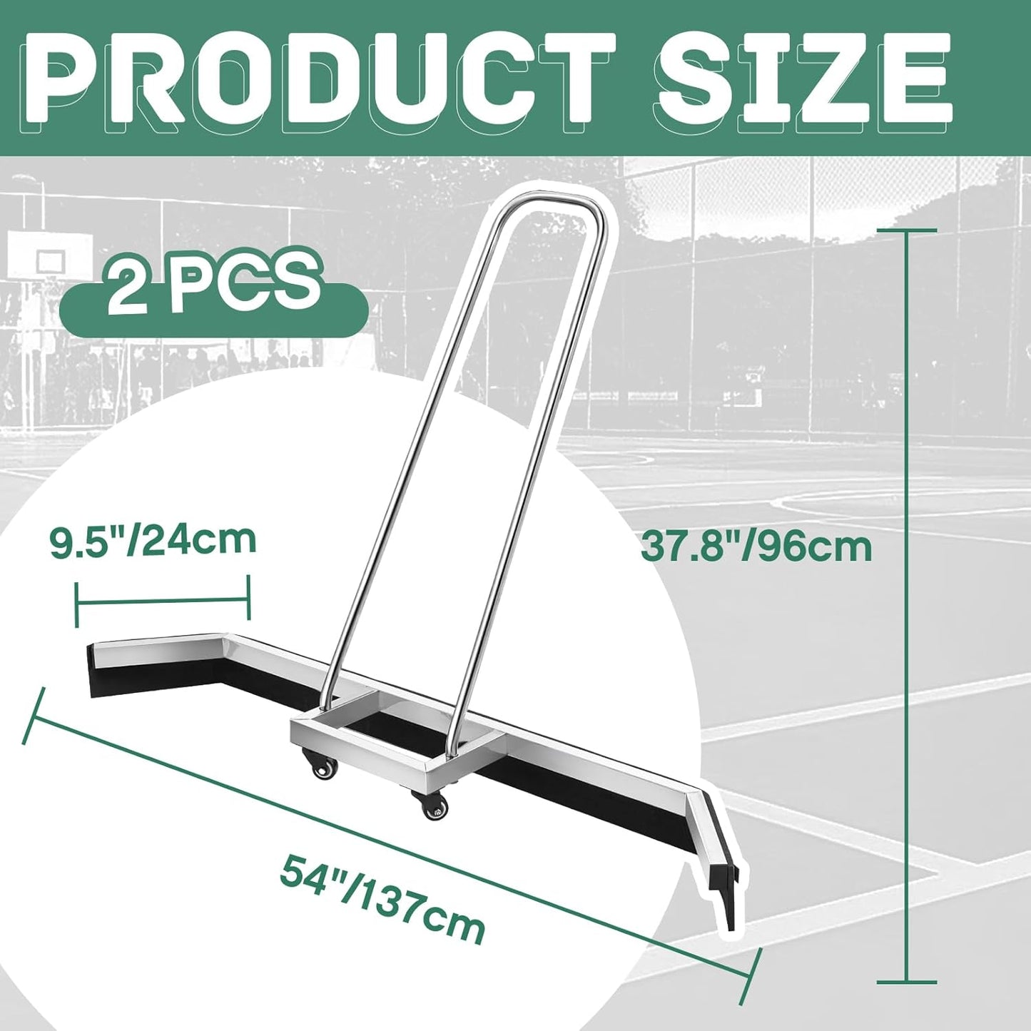 Leyndo Tennis Court Squeegee 54 inches Floor Broom Commercial with Handle and Wheels Professional Water Remover Stainless Steel Sport Court Accessories, Silver