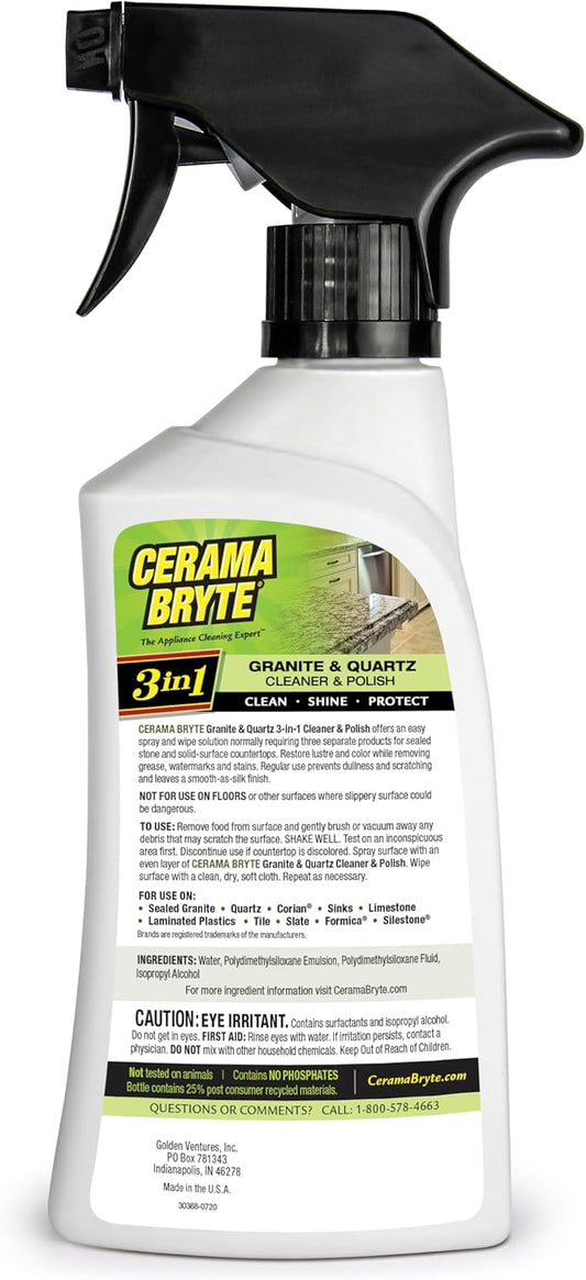 Cerama Bryte Granite and Quartz Daily Clean & Shine Safely Also Use On Marble Soapstone Quartz Quartzite Slate Limestone Corian Laminate Tile Countertop, 16 Ounce (2 Pack)
