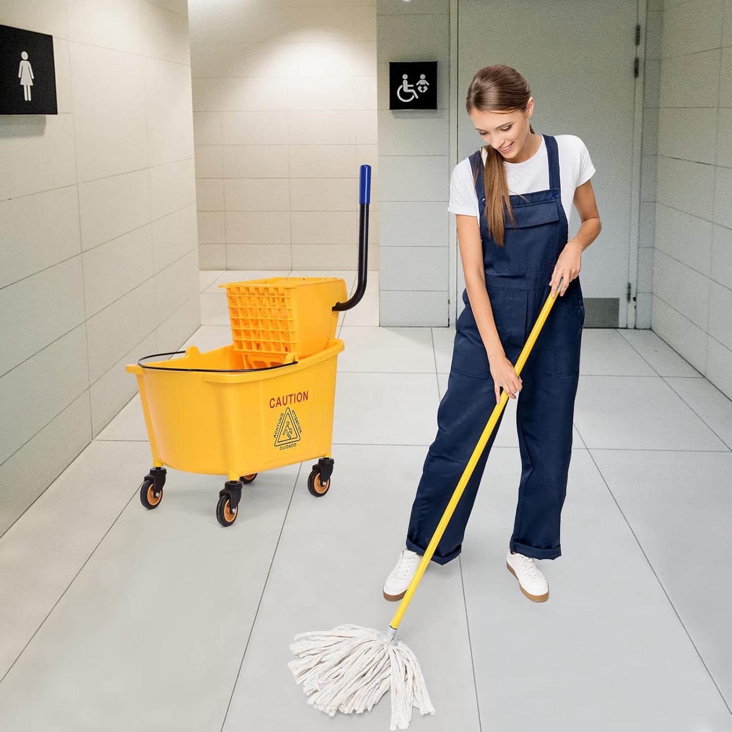 ARLIME Mop and Bucket Set with Wringer On Wheels, 21 Quart Capacity Portable Wringer Trolley on Wheels, Side Press Floor Cleaning Wavebrake w/Handle, Mop Bucket for Home, Commercial, Restaurants