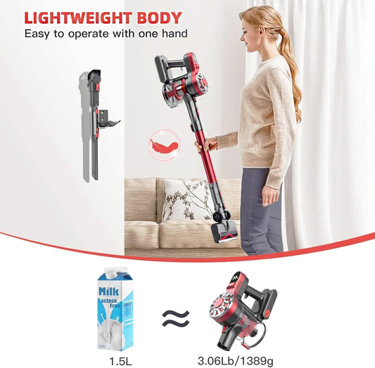 WLOTPO Cordless Vacuum Cleaner for Home,Lightweight Stick Vacuum Cordless Rechargeable with Power Suction, Up to 35 Mins Runtime, Hardwood Floor Vacuum for Pet Hair,Carpets,Tile(Cherry Red)
