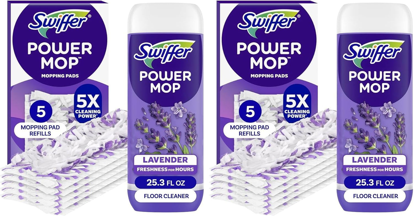 Swiffer Power Mop Refill Pack, Floor Cleaner for Mopping Tile, Vinyl, Laminate, Wood in Home, Bathroom, Kitchen, All Purpose Multi-Surface Cleaning, 5 Pads + 1 Lavender Solution