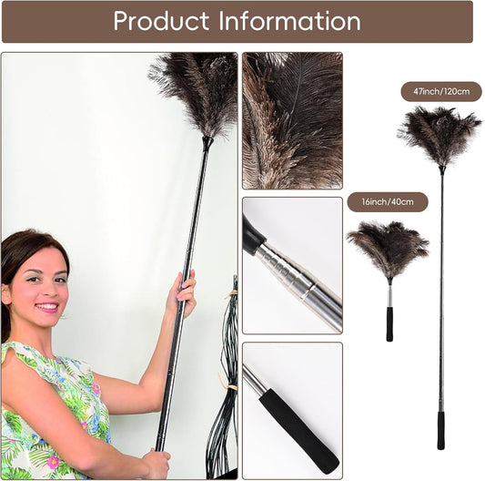 THARAHT Extendable Ostrich Feather Duster up to 27-94 inches Fluffy Feathers Long Handle Reusable for Cleaning Ceiling Fan Pendant lamp High Ceiling Blinds Furniture Feather Duster