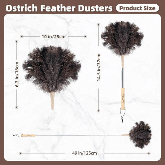 Ostrich Feather Dusters for Cleaning Kit - Reusable Soft Feather Duster Extendable to 49 inches for Cleaning Ceiling Fan, High Ceiling, Blinds & Retractable Small Duster for Keyboard, Car