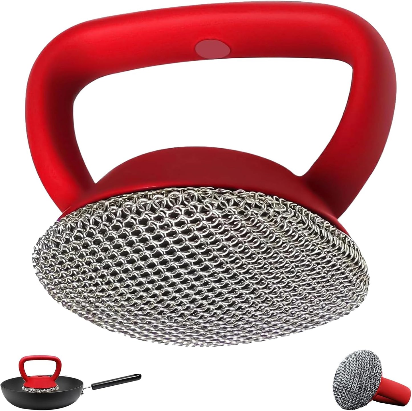 Cast Iron Scrubber with Handle 316L Stainless Steel Chainmail Scrubber for Cast Iron Pan Skillet Cleaner,Skillets and Grills (Red)