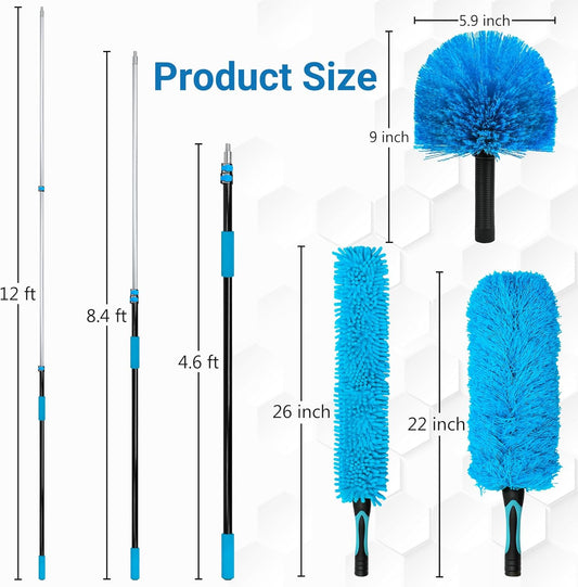 20FT High Ceiling Fan Duster with 5-12FT Extension Pole, Extendable Reusable Cobweb and Bendable Feather Duster Kit for Cleaning Spiderweb and Dust