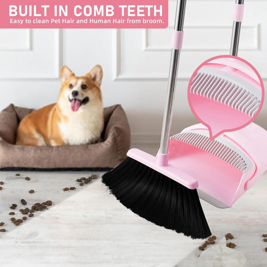 BSKLIN Pink Broom and Dustpan Set, 52-in Handle Broom Dustpan Combo Set Household Hand Broom with Dustpan Teeth to Clean Hair for Home Kitchen Office Lobby Sweeping Indoor(Pink)
