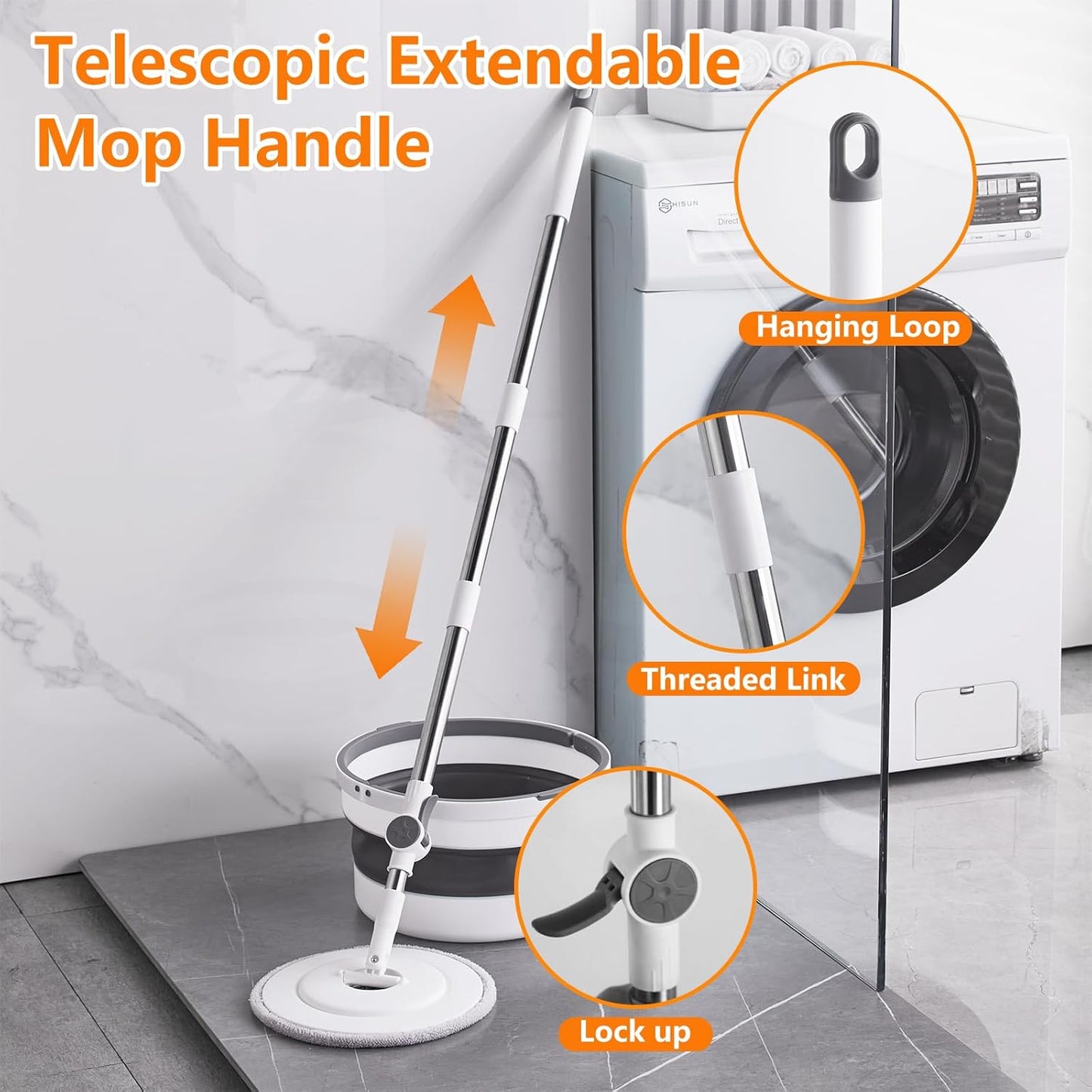 Spin Mop and Bucket Set ,2 Replaceable Microfiber Mop Pads,1 Magic Sponge Eraser pad for Deep-Cleaning Mops for Floors (Mop Set, 10" Mop-Head)