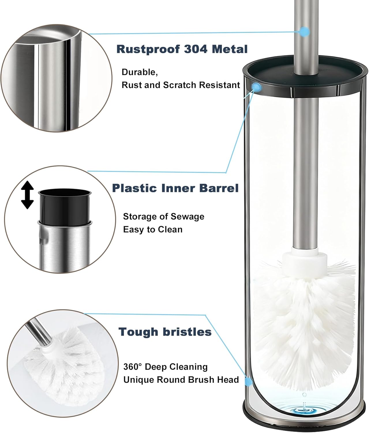 Toilet Brush and Holder Set: 304 Stainless Steel Toilet Bowl Brush for Bathroom Deep Cleaning,Removable Inner Bowl and Splash Protection,Compact and Durable (Silver)