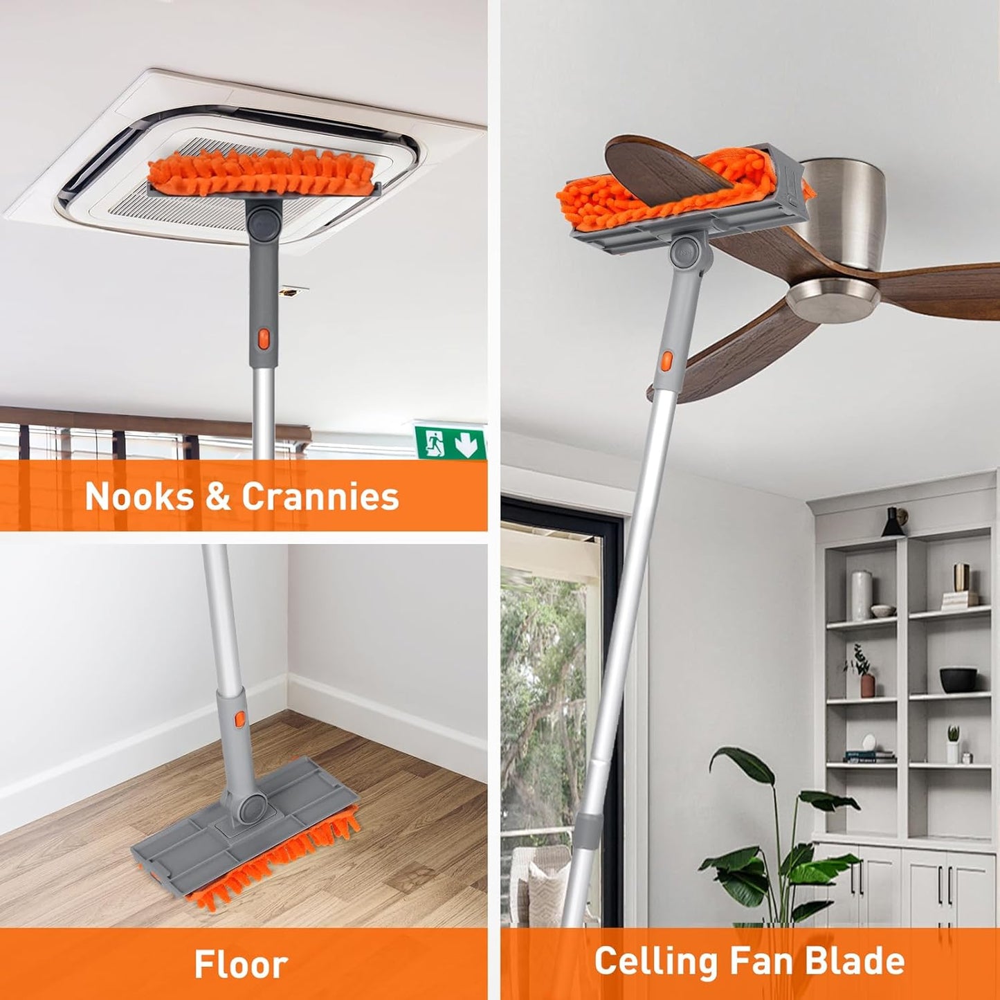 Ceiling Fan Cleaner Duster with 63" Extension Pole, Ceiling Fan Blade Cleaning Tool, Dusters for Cleaning High Ceiling Fan Reusable Chenille Pads for Blind, Baseboard, Wall