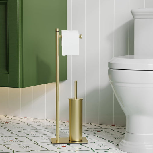 RUACQ Toilet Paper Holder Stand with Toilet Brush and Holder Set, 304 Stainless Steel Bathroom Toilet Tissue Paper Roll Holder Free Standing, Weighted Base, Heavy Duty (Matte Black)