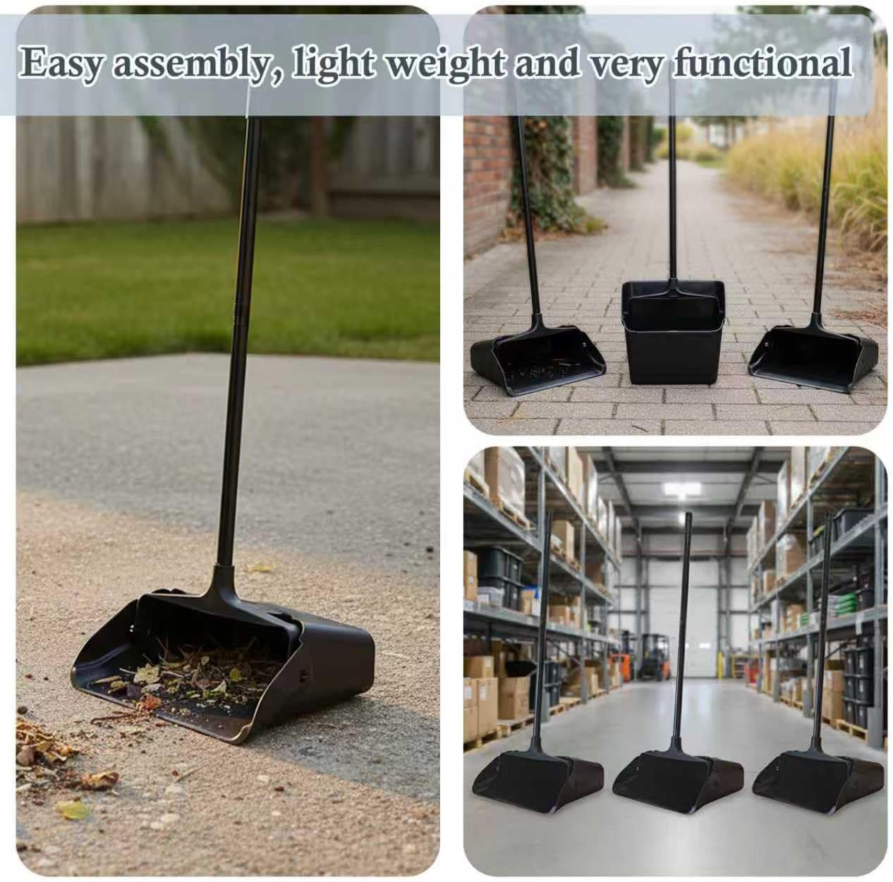 Pivoting Upright Dust Pan with Long Handle and Wheels, Large Capacity, Heavy Duty Commercial Dustpan for Indoor Outdoor, Standing Dust Pan for Home and Restaurant Cleaning, Black