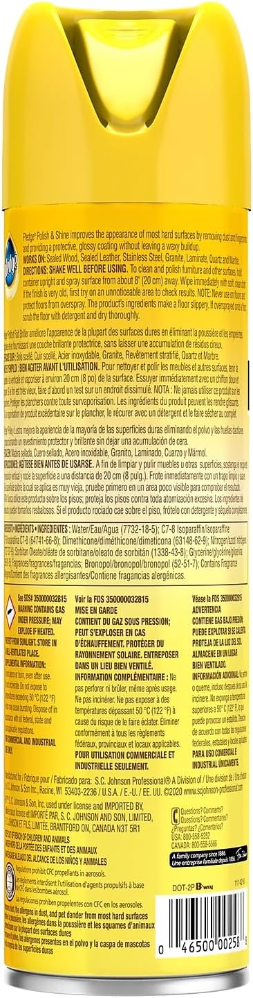 Pledge Polish and Shine Multiple-Purpose Cleaner, Lemon, 14.2 oz, 6/Carton (301168)