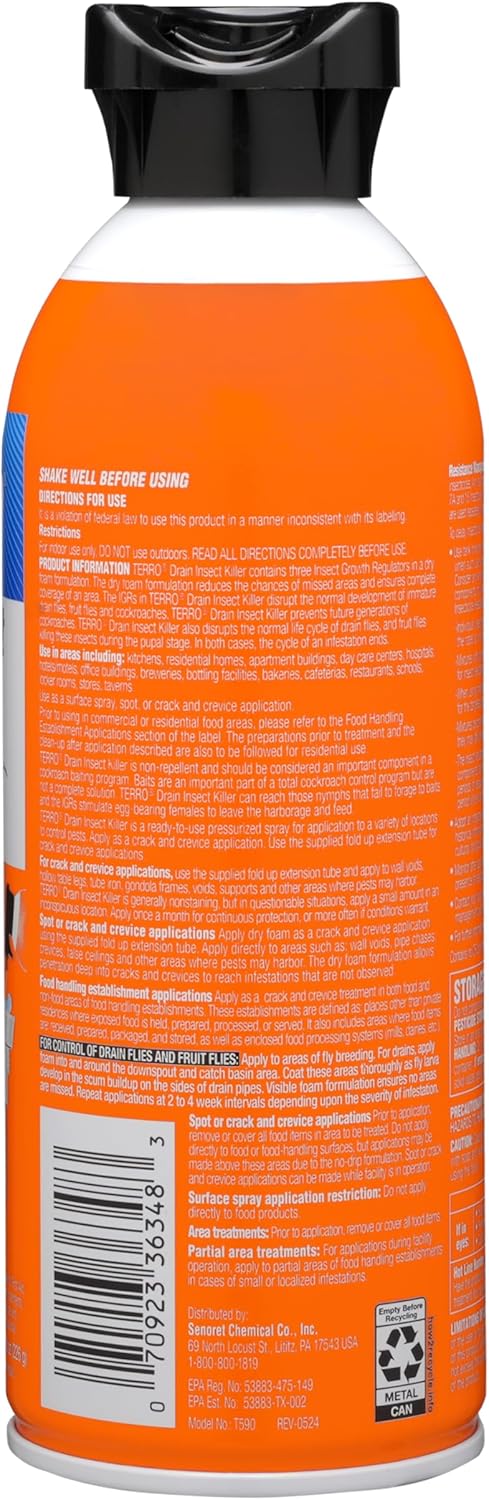 TERRO T590 Drain Insect Killer Foam 1-Pack - Indoor Infestation Treatment for Cockroaches, Drain Flies, House and Fruit Flies with Extension Tube Application