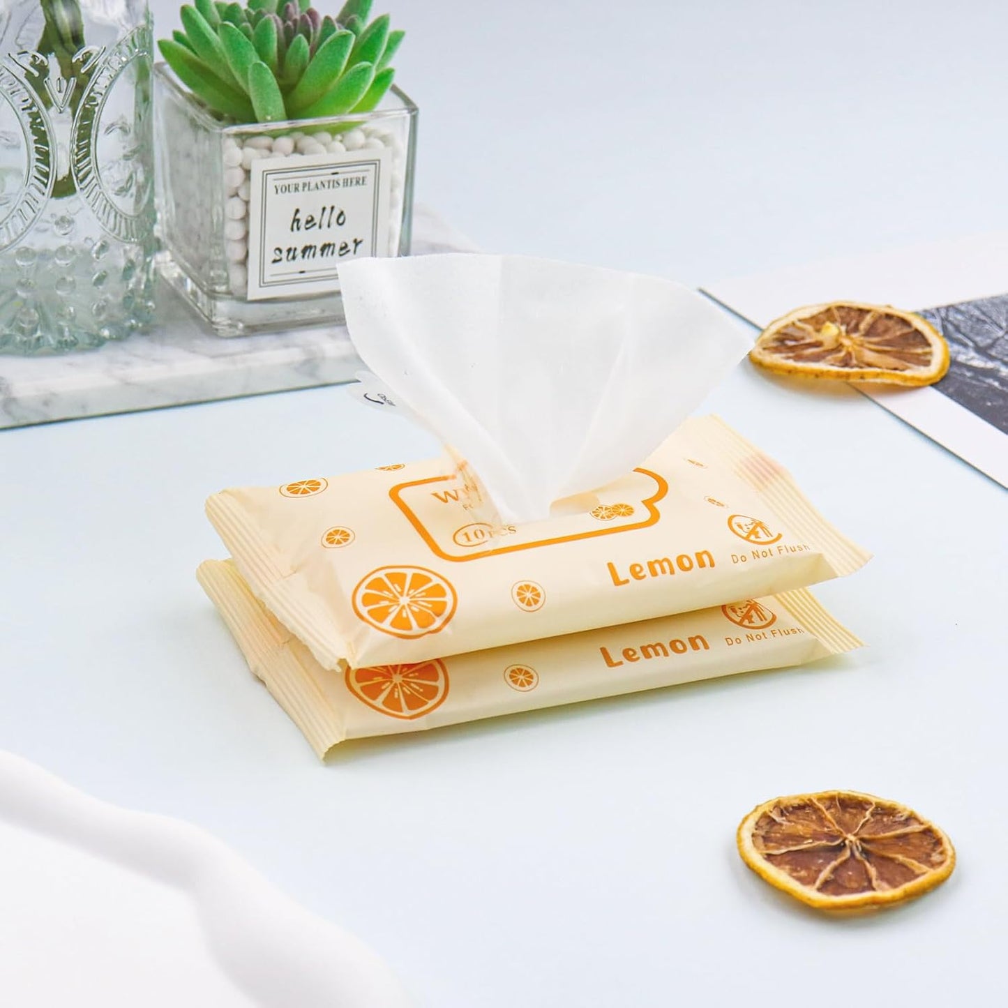 Pack of 10 Face Hand Wipes, 100 wipes, Lemon Travel Wipes Bulk for Butt, Hands, Face Cleaning, Daily Use (10 Wipes Per Pack)