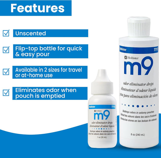 Hollister 7717-EA m9 Odor Eliminator Drops, Unscented, 8 oz Bottle, 1 Pack – Ostomy Drops, Ostomy Supplies, Odor Neutralizer, Odor Drops for Ostomy Pouch