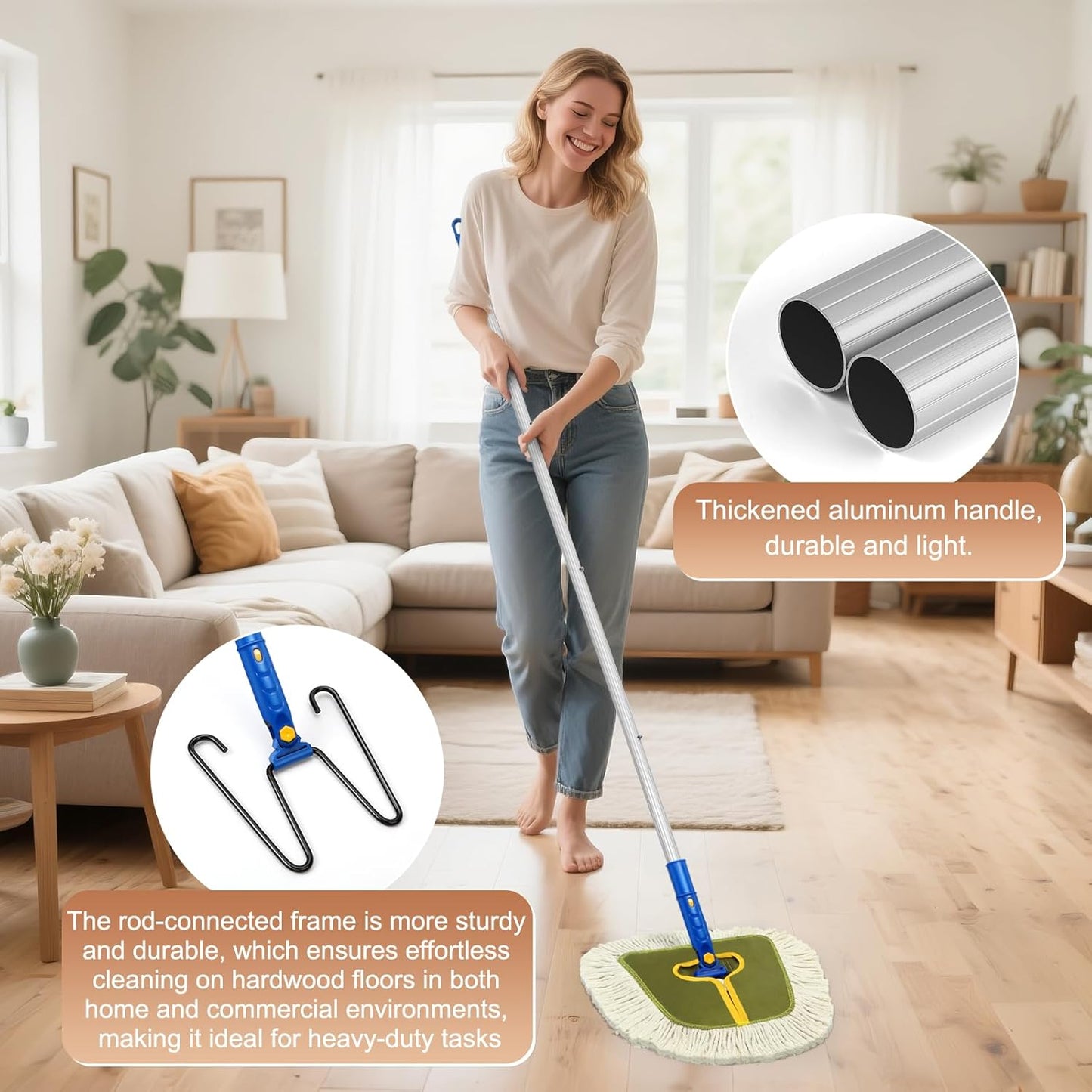 Commercial Dust Mop for Hardwood Floors Cleaning,Industrial Dry Mop Broom with 2 Replacement Wedge Cotton Mop Pads for Walls,Hardwood,Laminate, Vinyl,Tile,Home,Warehouse Floor Duster,Green