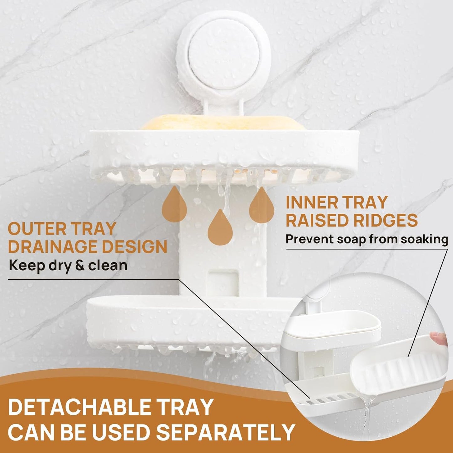 LEVERLOC Soap Holder Shower with Hooks, Bar Suction Cup Soap Dish Tray for Wall, Rust-Proof Stainless Steel Sponge Caddy for Bathroom Accessories Organizer Bathtub Kitchen Sink, Black