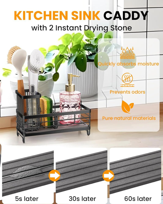 Kitchen Sink Caddy with Water Absorbent Diatomite Stone Sink Tray, Fast Drying Sink Organizer with High Dish Brush Holder Sponge Holder for Kitchen Sink, Stainless Steel