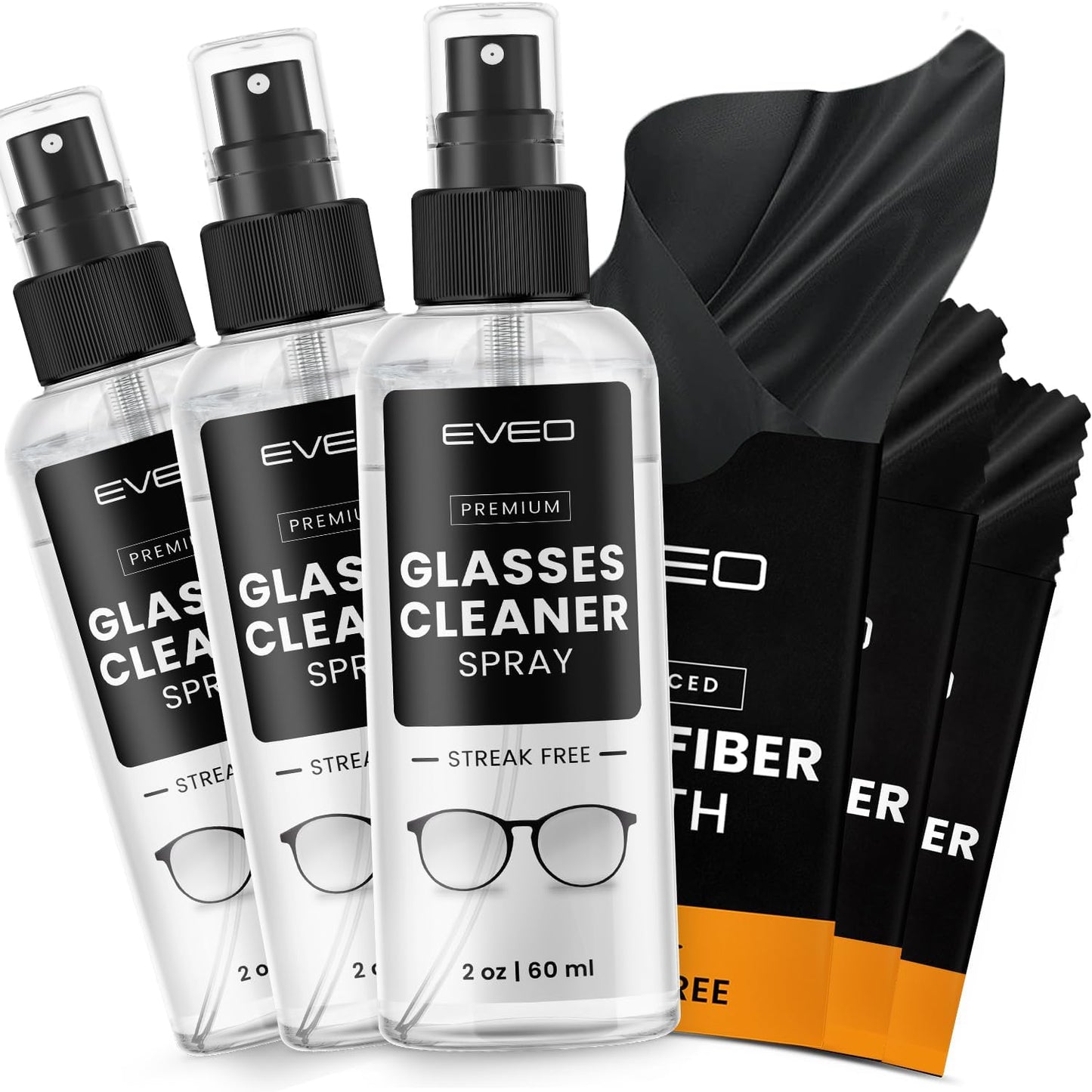 EVEO Glasses Cleaner Spray - Eyeglass Cleaner (No Streaks)| x2 Eye Glass Cleaners Spray + x2 Lens Cleaner Microfiber Cleaning Cloth, Glasses Cleaning Kit Eye Glasses Cleaner Spray & Cloth - 4oz(2ozx2)