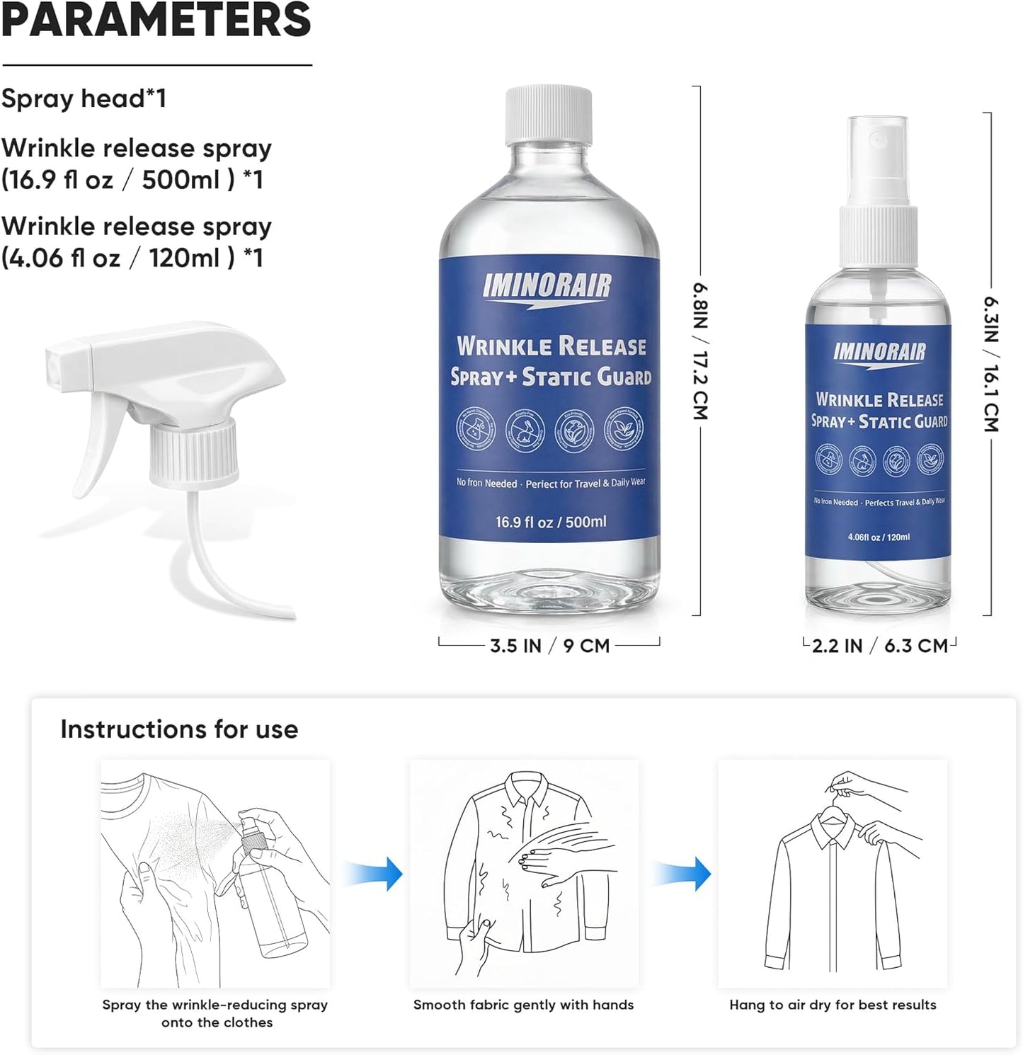 Wrinkle Releaser Spray, Anti Static Spray and Instant Wrinkle Release for Clothes, All in One Formula, Odor Eliminator and Fabric Refresher Spray (16.9 Fl Oz + 4.06 Fl Oz)