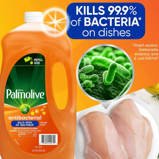 Ultra Palmolive Antibacterial Dishwashing Liquid Dish Soap Orange Scent, Refill 102 Fl. Oz. Kills 99.9% of Bacteria, bundled with Heavy Duty Scotch Brite Sponge