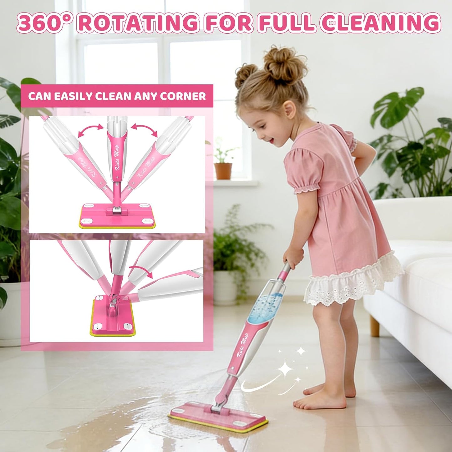 Kids Spray Mop - 30 Inch, 420ml Large Water Tank, Effective Cleaning Tool & Fun Montessori Toy, Pretend Play Housekeeping Set Toddlers Love (Magenta)
