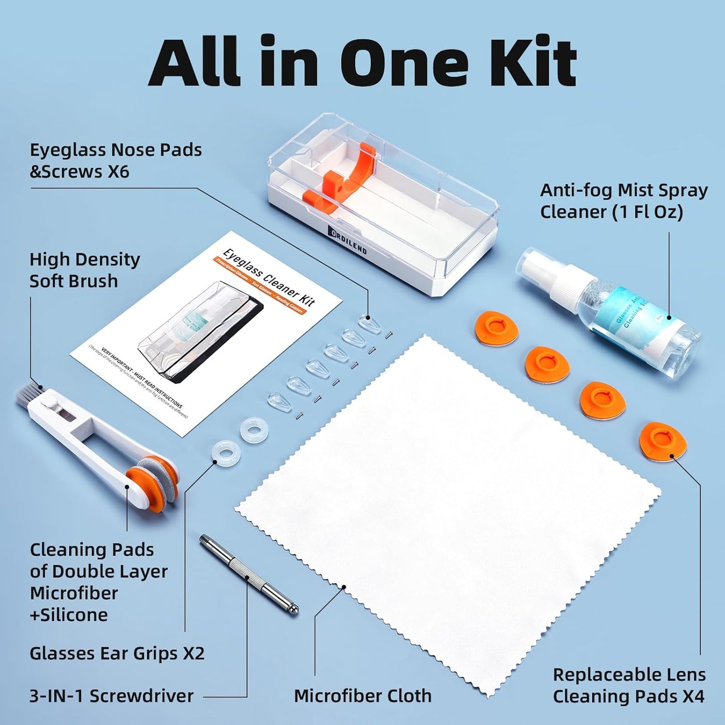 Ordilend Glasses Cleaner Eyeglass Cleaning Kit with 24H Anti Fog Spray for Glasses and Microfiber Cloth, Portable Eyeglass Cleaner Tool Lens Wipes Cleaning kit for Camera Lenses