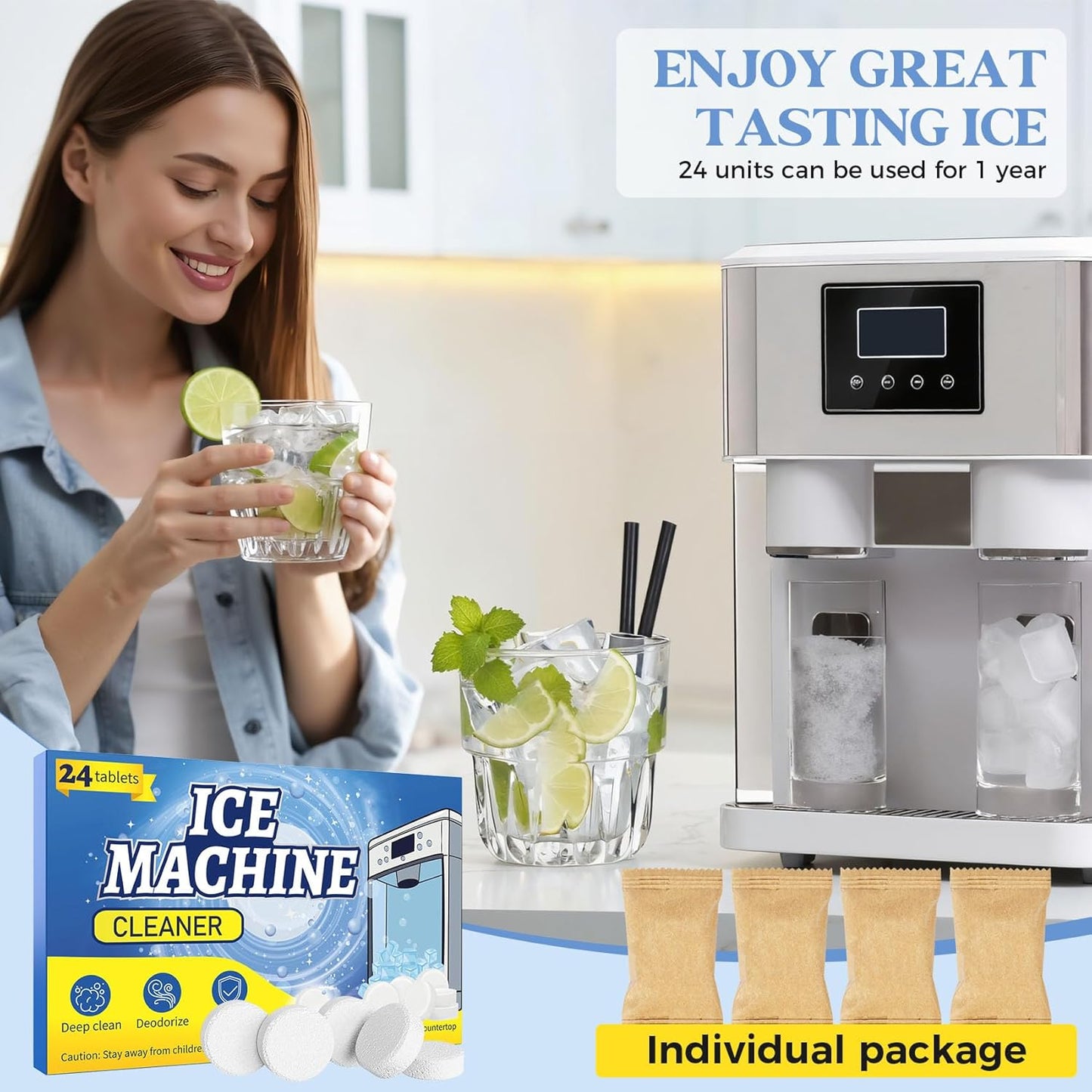 Ice Maker Cleaner Tablets, 24 Ice Machine Cleaner Descaler Tablets Compatible with Frigidaire, Opal, GE Profile, Kitchenaid, Nickel Safe Scale Remover for Countertop, Ice Makers