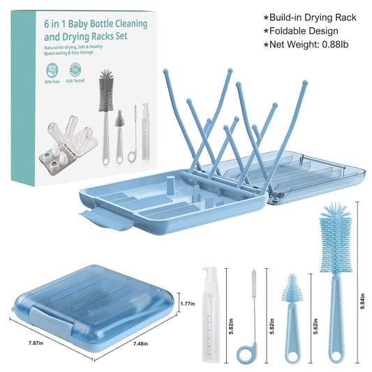 Bottle Brush Set -Baby Travel Essential-6 in 1 Bottle Cleaner Kit with Silicone Bottle Brush,Nipple Cleaner Brush,Straw Brush,Soap Dispenser,Storage Box,Bottle Drying Rack for Home and Travel(Green)