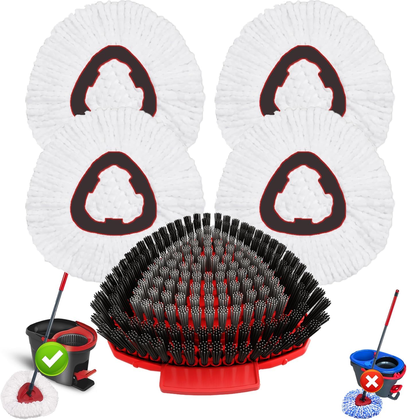 Fatmass 5 Pack Spin Mop Replacement for O Cedar EasyWring 1-Tank System,Include 4 Mop Replace Heads + 1 Upgrade Scrubber Brush, 100% Microfiber Mop Refills Deep Cleaning Machine Washable