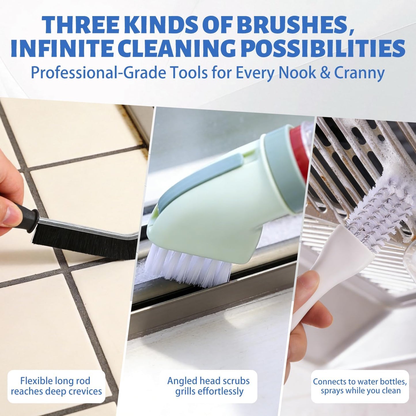 Crevice Cleaning Brush Set,Grill Brush,Hard Bristle Crevice Cleaner Connected to Mineral Water Bottle,for use in: Kitchen, Bathroom Sinks and Corners, Crevices, Window Tracks, and Tight Spaces.4pcs
