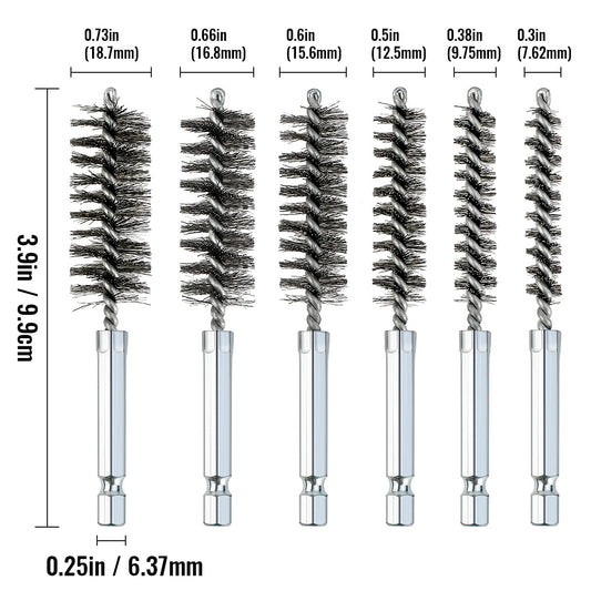 6 Pcs Stainless Steel Bore Brush Set with 1/4" Hex Shank Twisted Wire Bristles, Different Sizes (8, 10, 12, 15, 17, 19mm) for Rust and Tube Cleaning