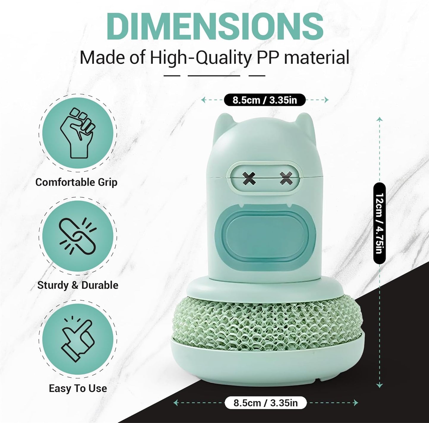 Dish Scrubber with Soap Dispenser, 2 Replaceable Sponges Included, Refillable Push-Button Handheld Sponge Scrubber, Palm Grip Kitchen Sink Cleaner for Dishes, Pots, Pans & Nonstick